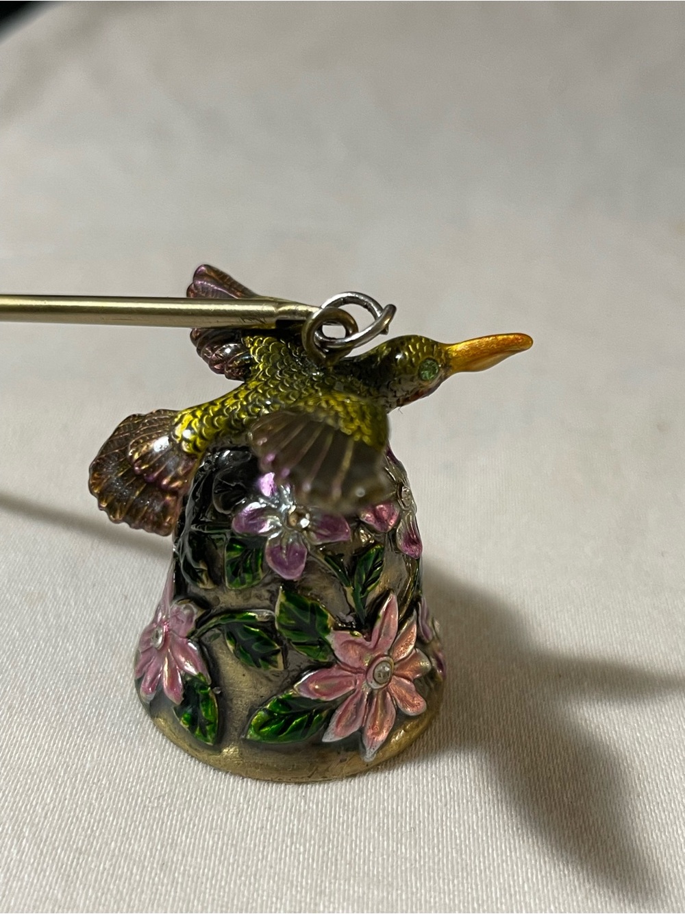 Candle Snuffer Hummingbird Bell Green and Pink Flowers